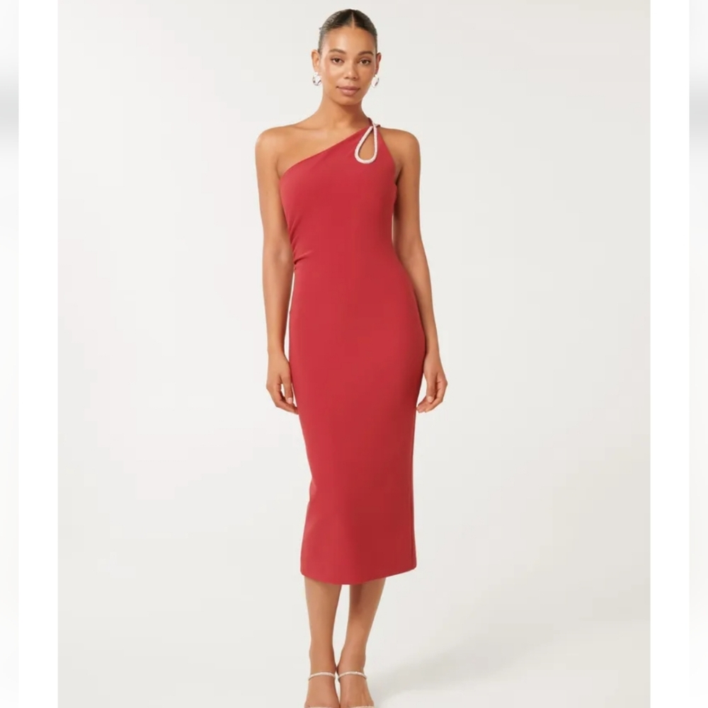 Evernew Jasmine Teardrop Bodycon Midi Dress In Rio Red   ..Size 14